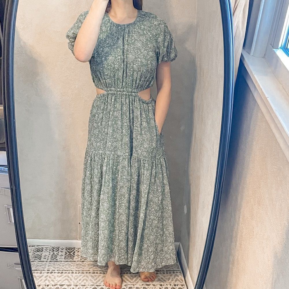 Madewell Seersucker Puff Sleeve Cutout Midi Dress S